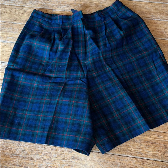 90s Pendleton blue green PLAID pleated wool SHORTS, size 18 Lined Argyle Tartan - Picture 13 of 16